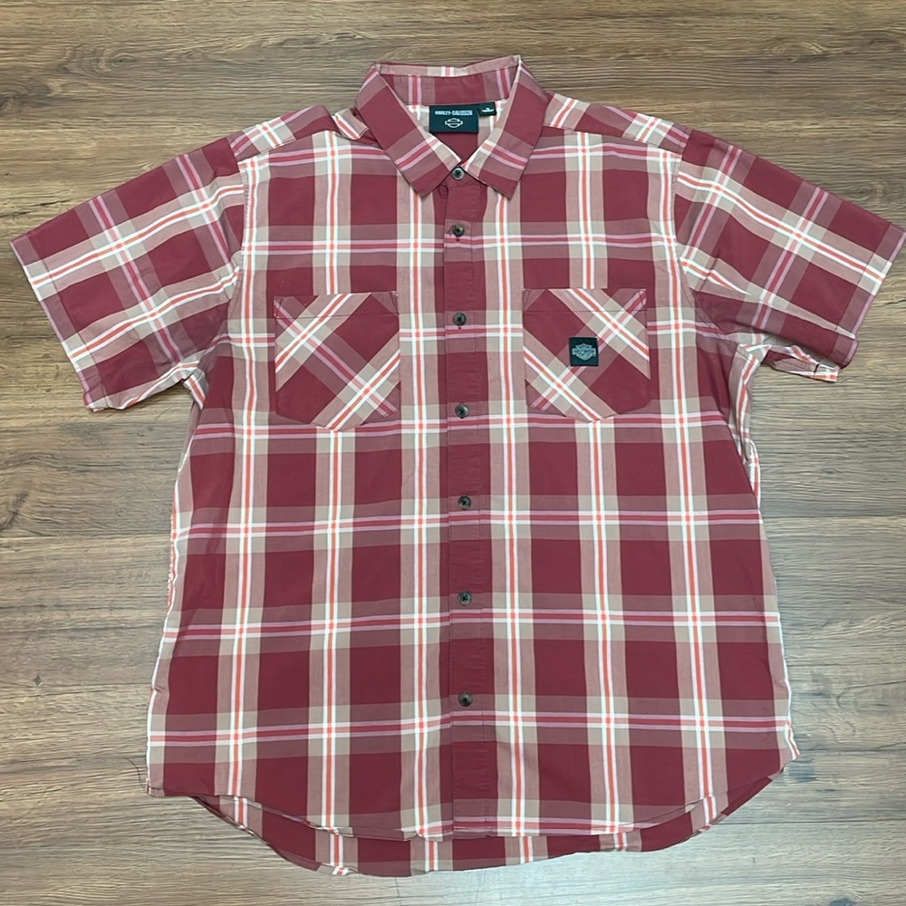 Harley Davidson, Red, Button Down, Plaid, Short Sleeves, Mens XL